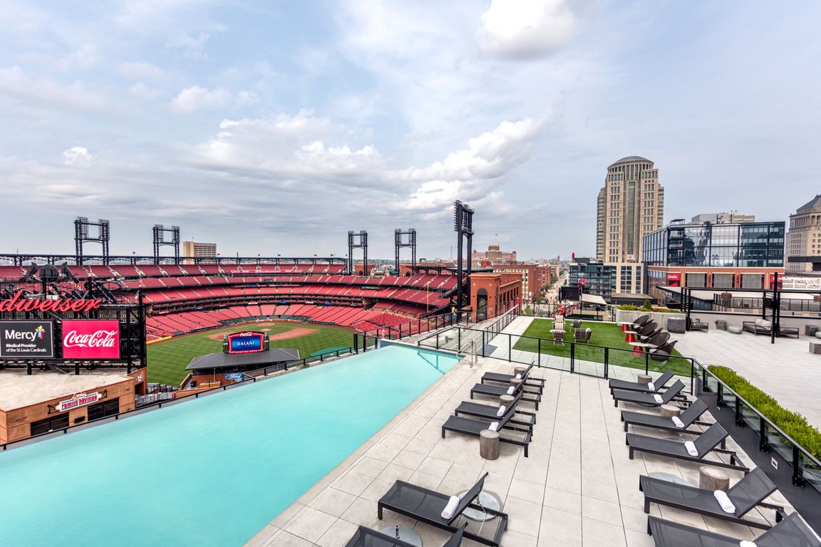 Direct Views Into Busch Stadium from the rooftop infinity pool at One Cardinal Way Luxury Apartments