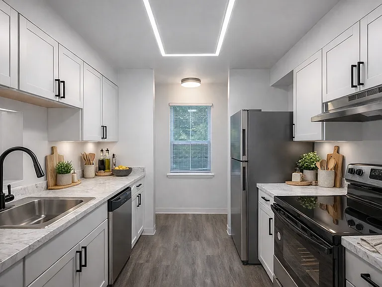 Modern kitchen with sleek appliances and greenery