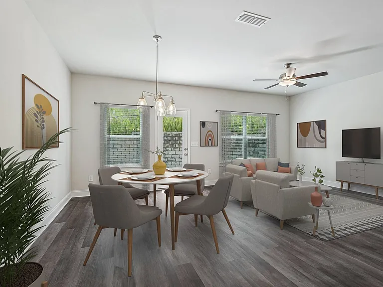 The intimate dining space and living room.