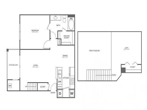 Floor plan One Bedroom One Bath with Loft (957 SF)
