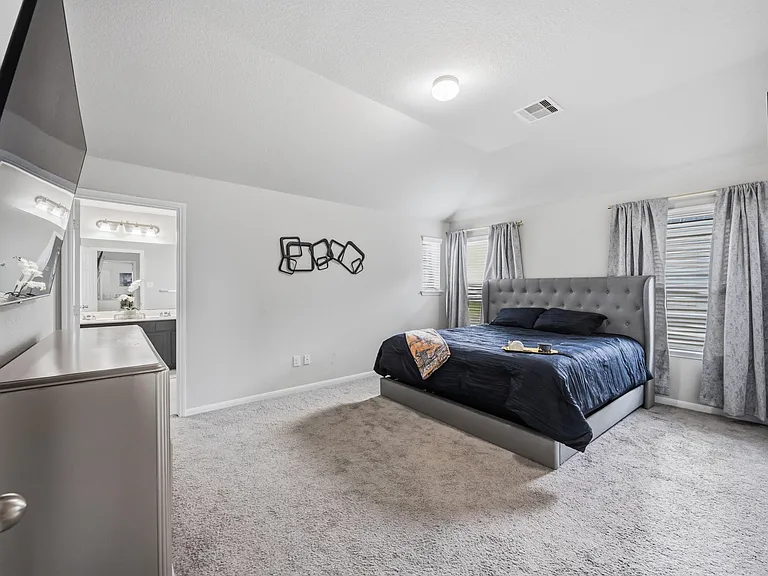 Spacious bedroom with plush carpet, a large bed area, and two windows with blinds and curtains; convenient access to a vanity