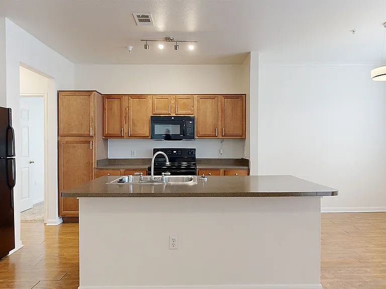 Apartment kitchen with wood-style flooring.