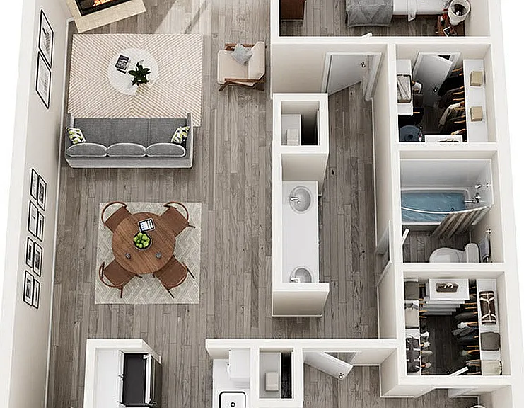 Cedar - Two Bedrooms, One Bathroom, 900sqft., Full Size Washer/Dryer Connections, 2 Walk-in Closets, Pantry in Kitchen, Double Sink Vanity in Bathroom, Patio/Balcony, Outside Storage, Microwave in Select Homes, Vaulted Ceilings in Select Homes, and Firepl
