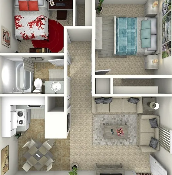 2 Bed 1 Bath Down Floorplan Diagram