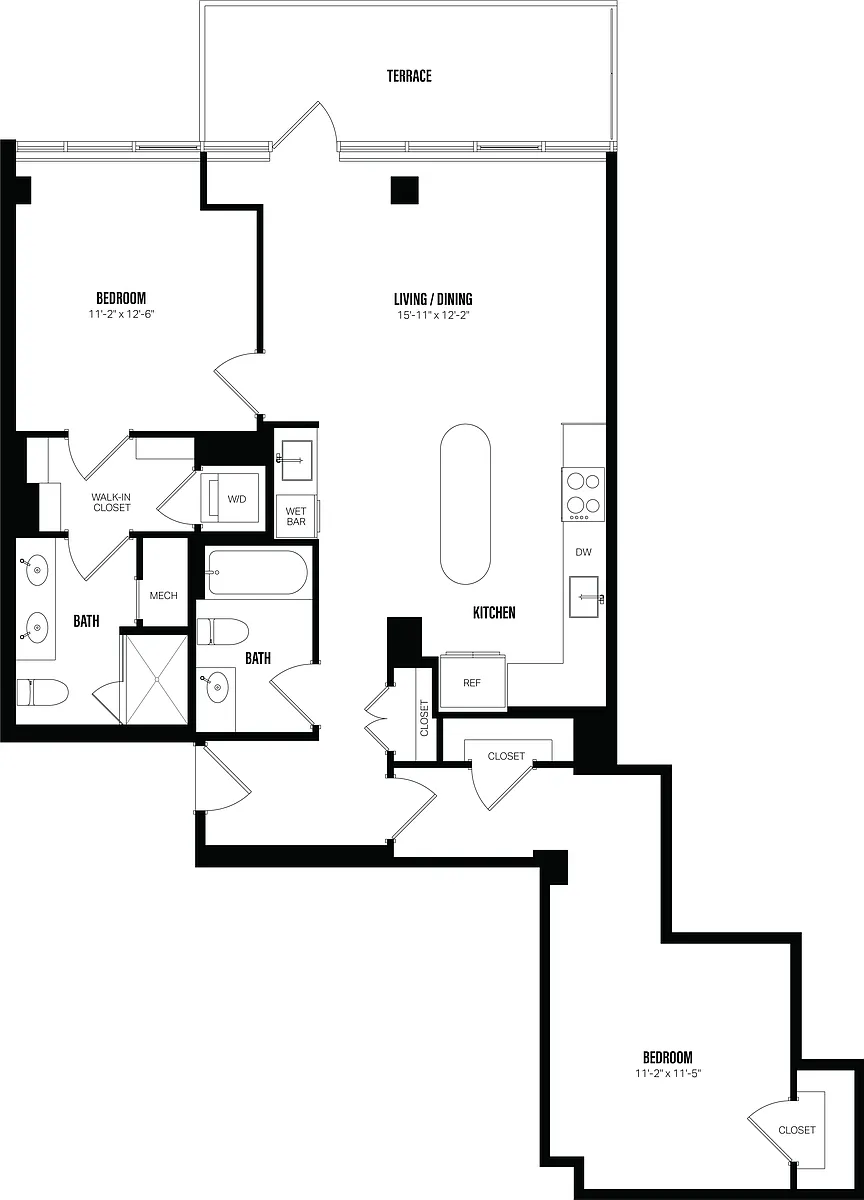 Floor plan 1 Bed/2 Bath Den-E1