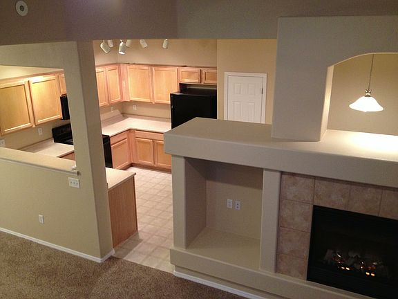 Down view, kitchen/fireplace