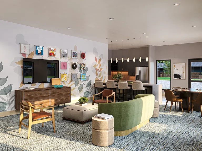 Resident game room with lounge seating, entertainment space, and pool views