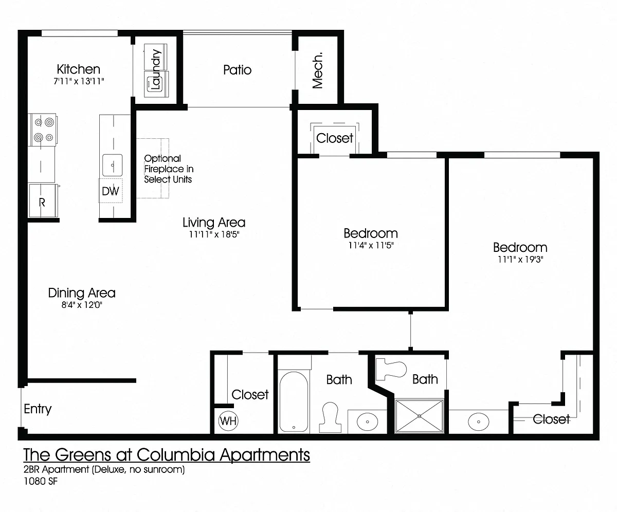 Floor plan 2BR 2BA (1080sf)