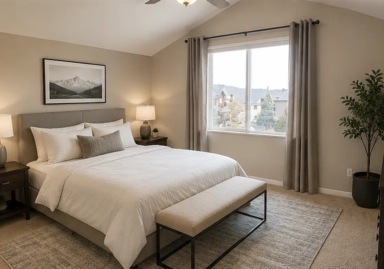 Spacious primary bedroom with mountain-community views