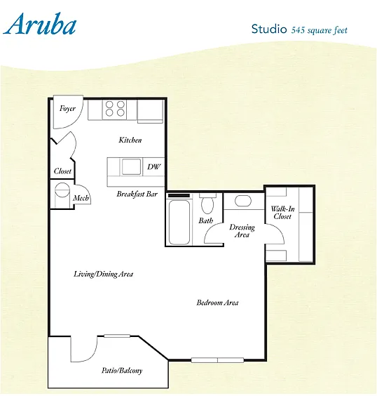 Floor plan S1 - Aruba - Studio, One Bathroom