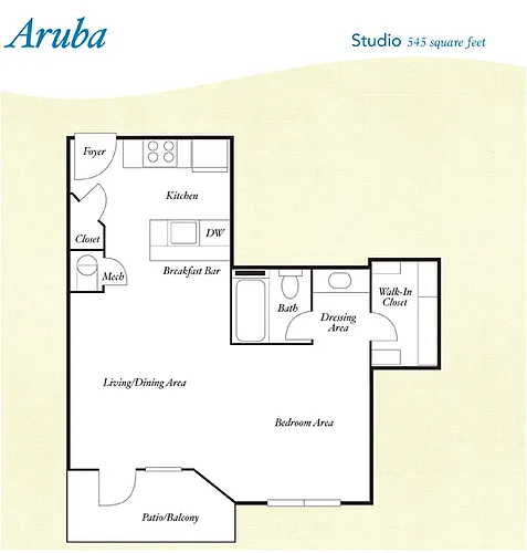 Floor plan S1 - Aruba - Studio, One Bathroom