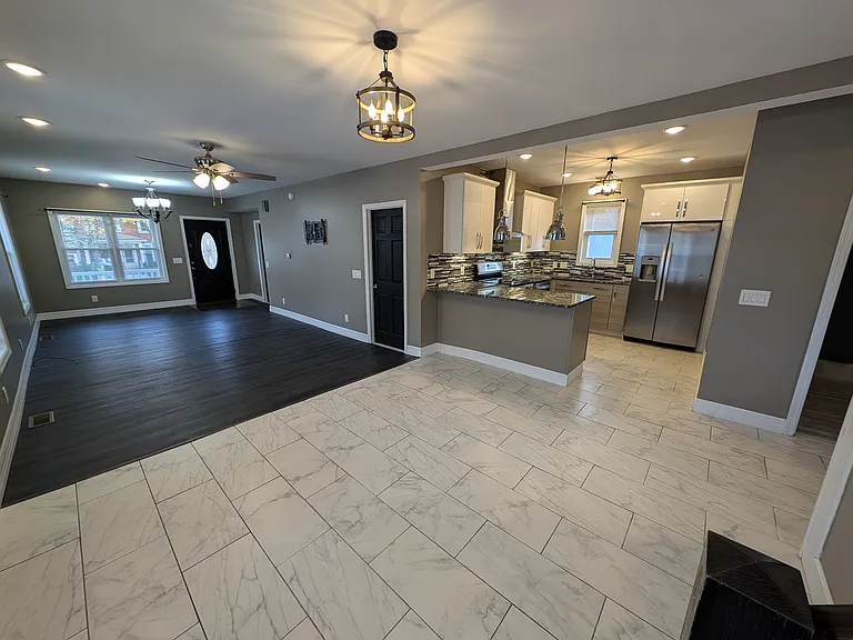 Dining area with tile floor
