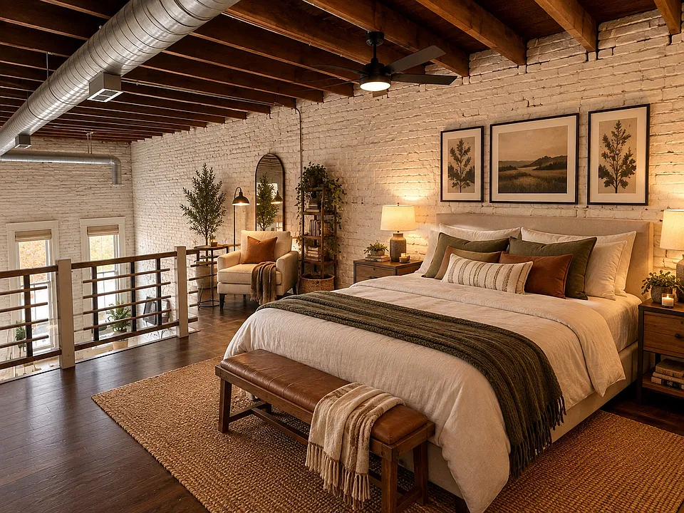 Mezzanine bedroom; exposed brick walls, open beam ceiling, bedroom ceiling fan/light, large bedroom closet. Overlooks first floor living space.