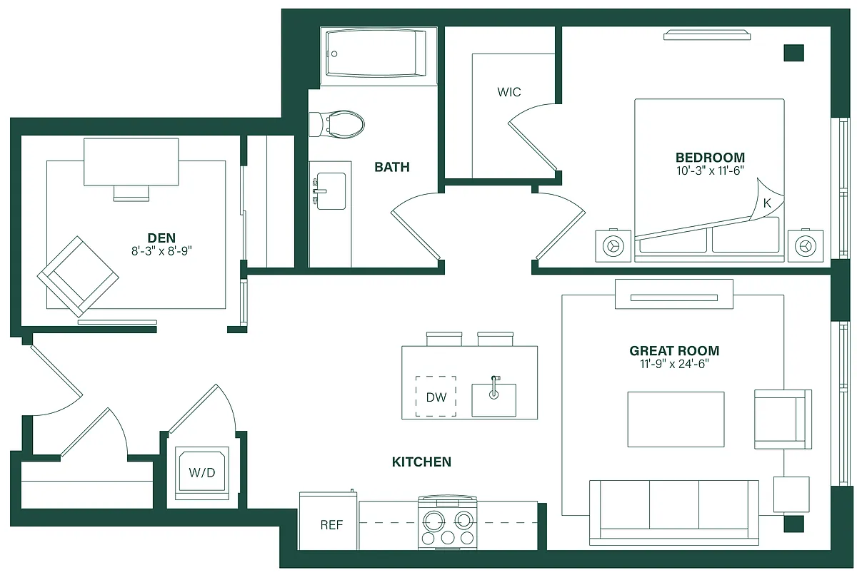 Floor plan 1 Bed/1 Bath Den-1J