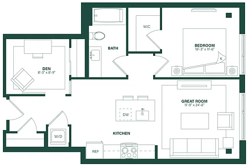 Floor plan 1 Bed/1 Bath Den-1J