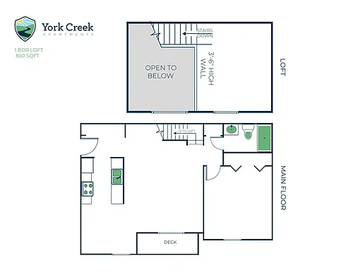 Floor plan 1 Bed, 1 Bath Loft - 850 sq ft