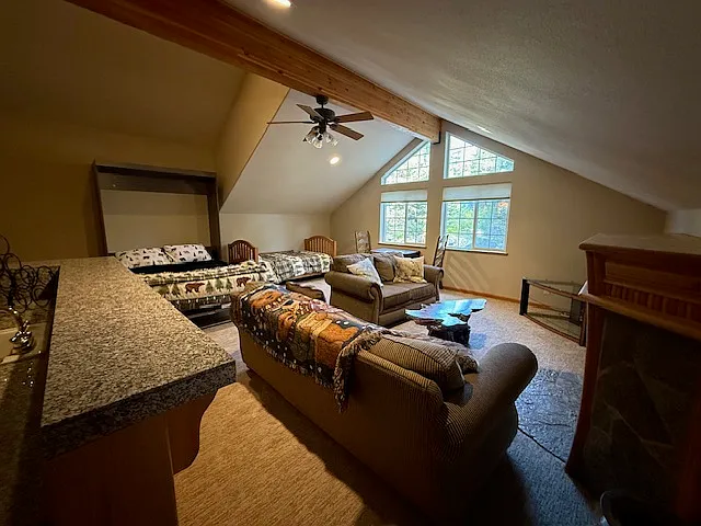 Huge game room with queen murphy bed, twin bed two couches, and wet bar
