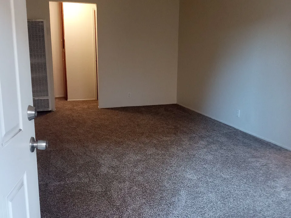 Large living room with new carpet and paint - picture shows hallway leading to bedroom