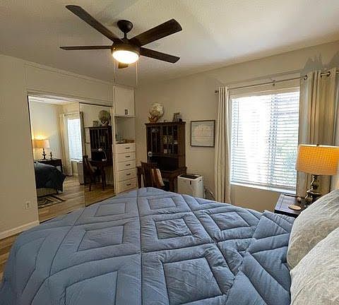 Master BR, large closet, built in drawers and dresser. Queen bed, and desk.