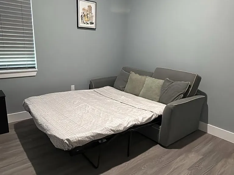 Versatile sleeping area with a pull-out sofa bed, wood-look flooring, and a window with blinds for light control.