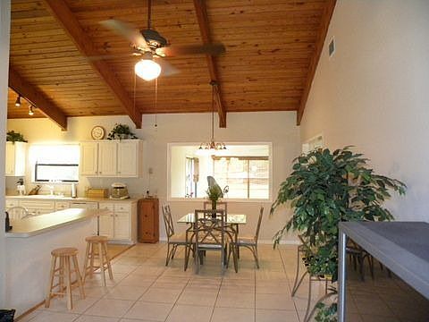 Tile floors and wood beam ceilings