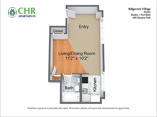Floor plan Studio/1 Bath with Full Kitchen