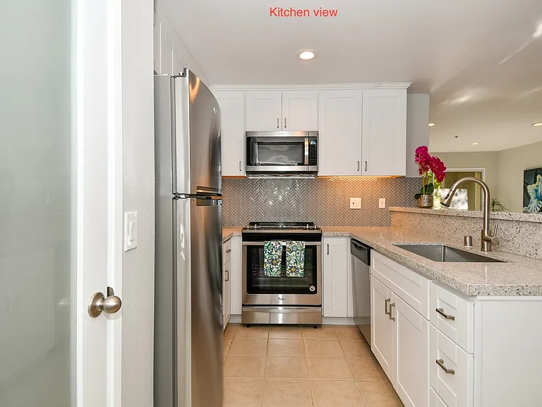 Kitchen with quartz countertops, new stainless steel appliances, garbage disposal, under-sink reverse osmosis water purifier.