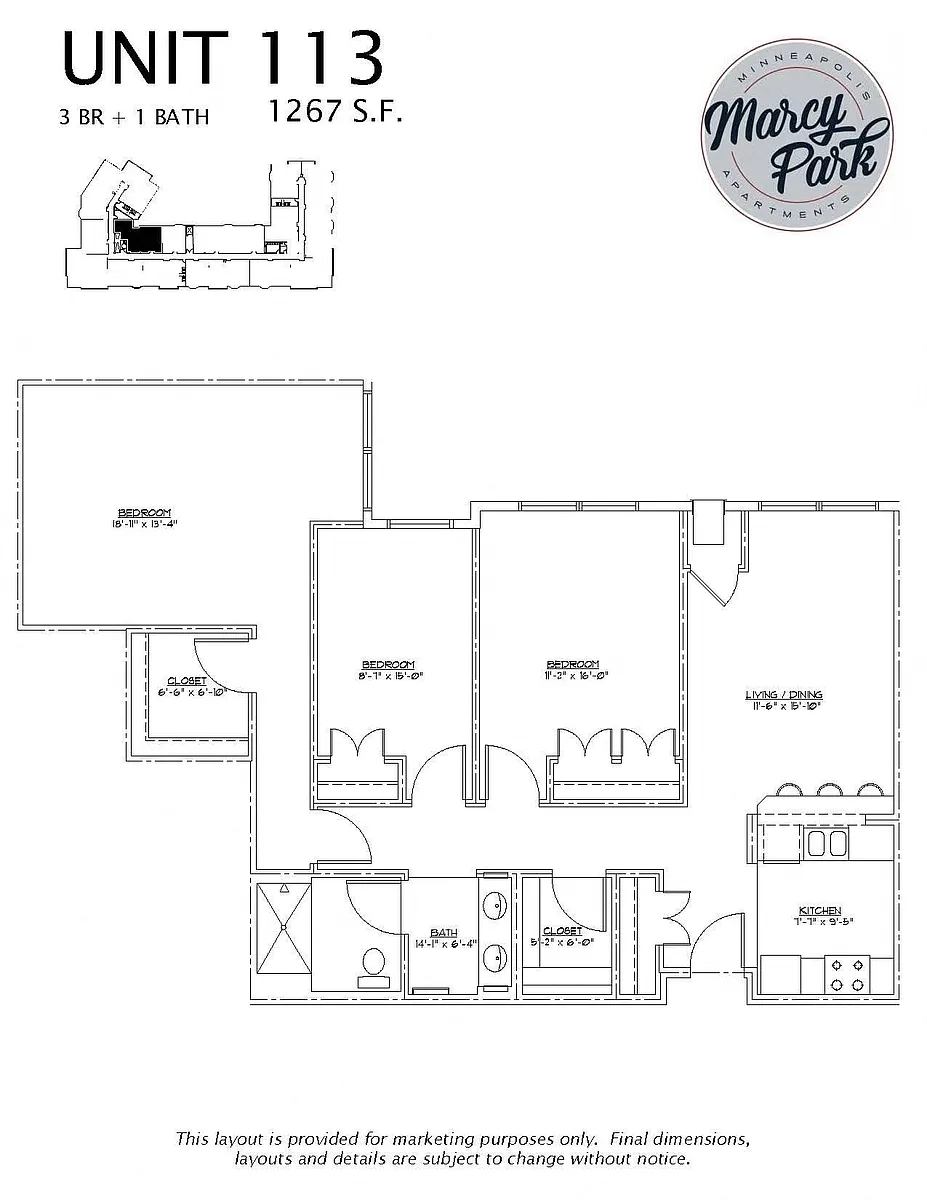 Floor plan 3 Bedroom 1 Bath (113)