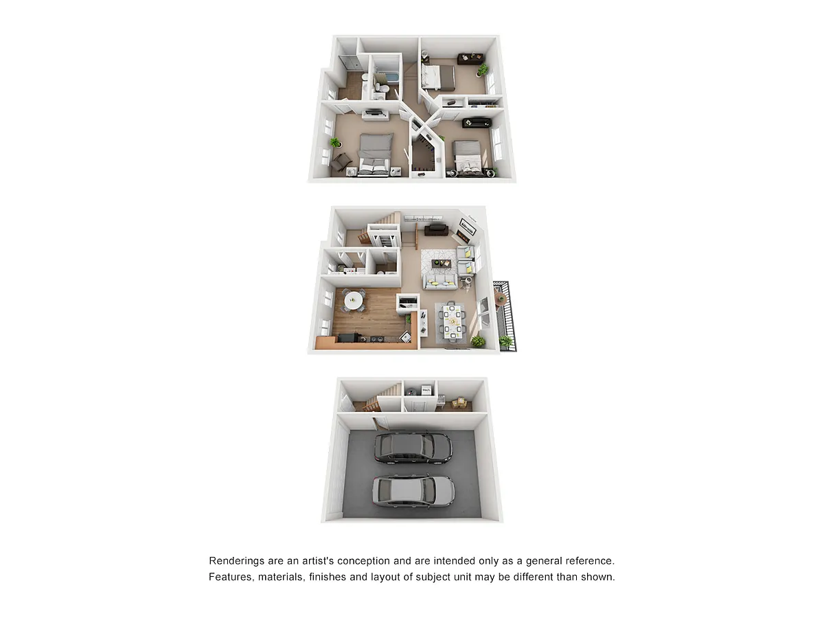 Floor plan Three Bedroom Deluxe Townhome with Garage