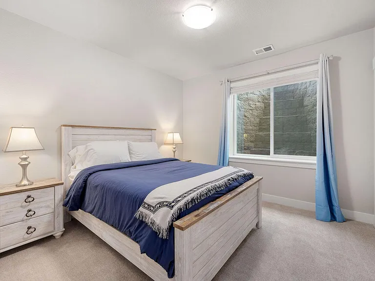 Lower level bedroom with queen bed and large closet