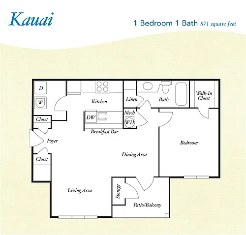Floor plan A6 - Kauai - One Bedroom, One Bathroom