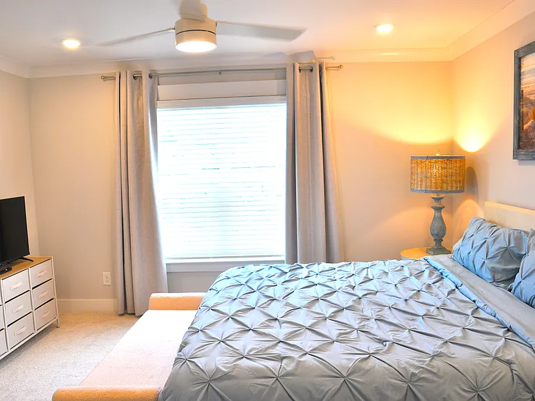 Primary bedroom with blackout shades & TV.