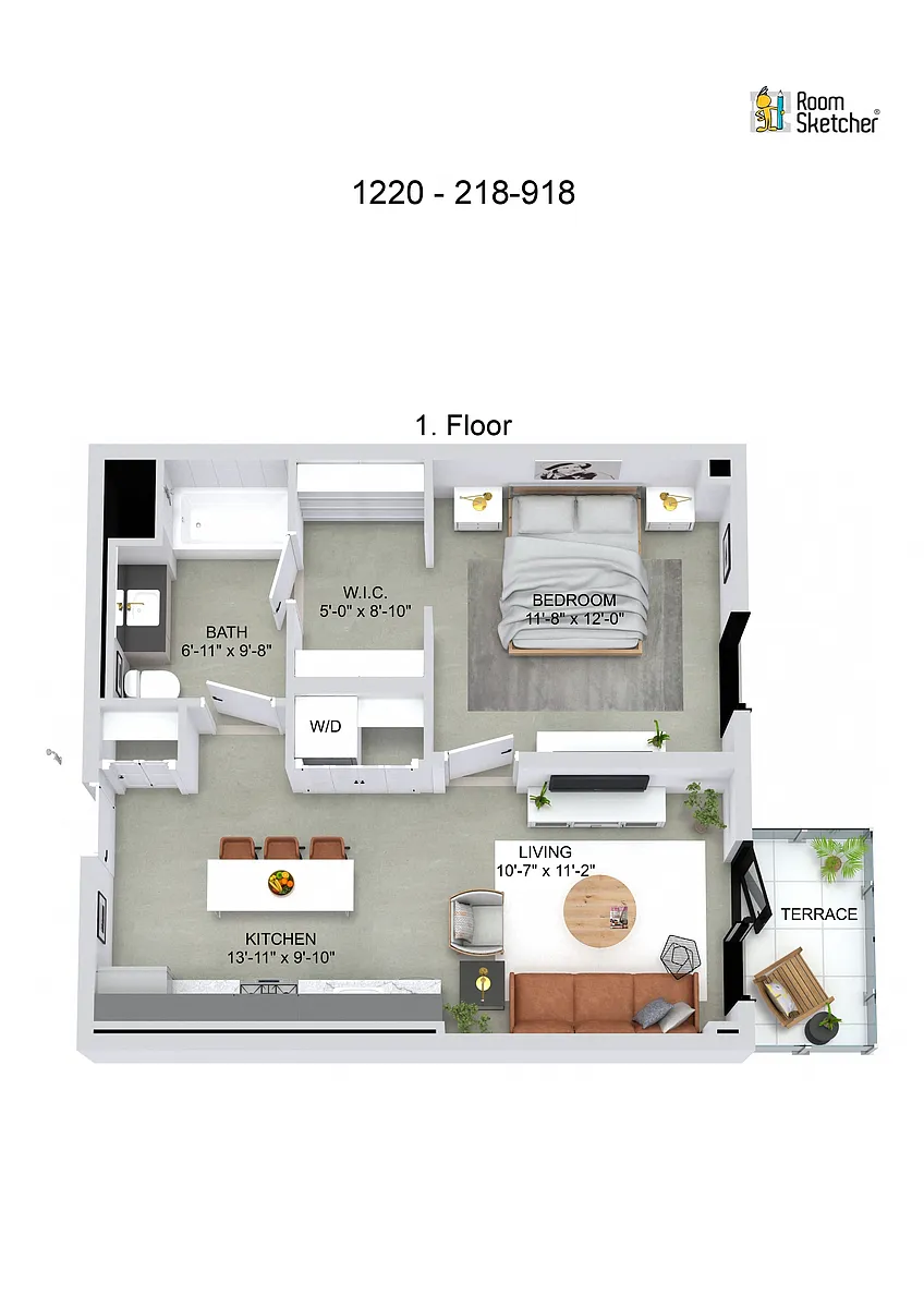 Floor plan J14 1 Bed, 1 Bath, Terrace