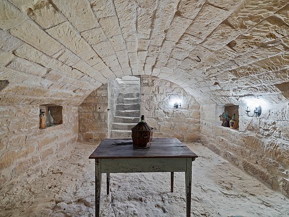 This unique barrel-vaulted stone ceiling cellar was likely used as food storage and could be an ideal wine cellar. 