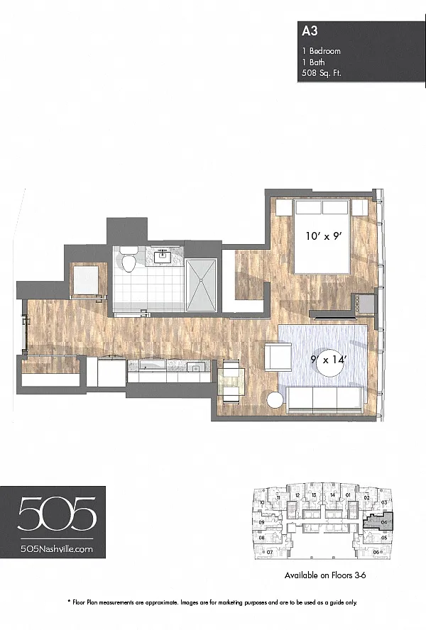Floor plan 505 One Bedroom Stack 04 & 09 Floors 3-6