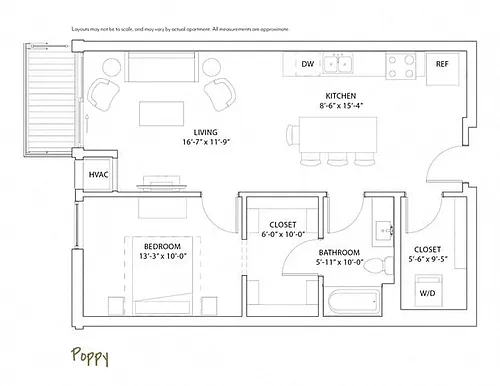 Floor plan 1 Bed 1 Bath Poppy