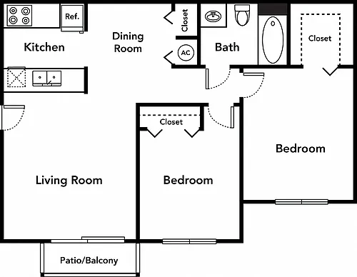 Floor plan Two Bedroom One Bath 50%