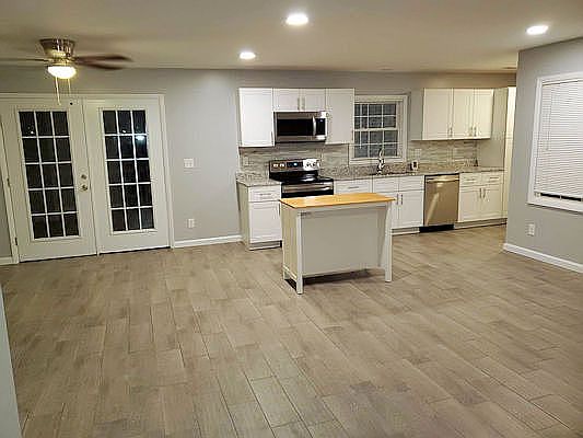 Kitchen, dining, living area