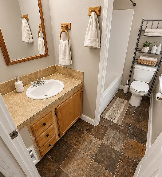 Tilled bathroom with tub and shower.