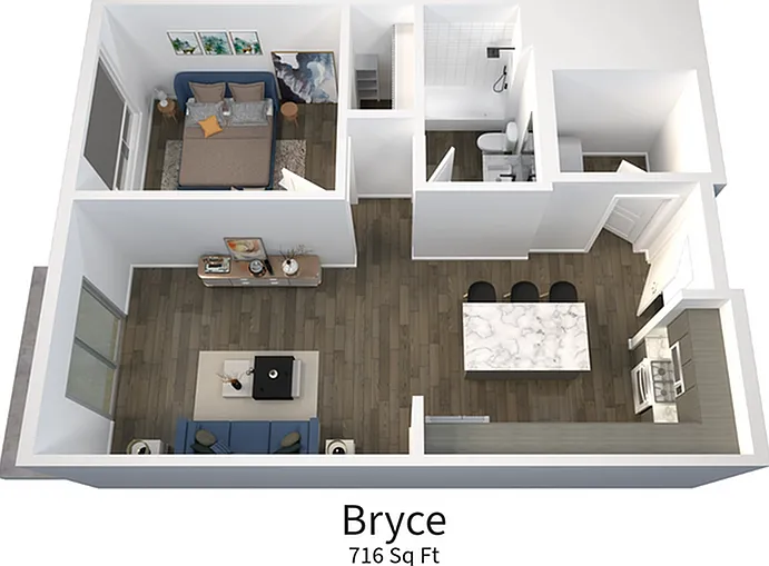 Explore the elegant design of the Bryce apartment, where style meets comfort in a well-crafted 716 sq ft floor plan. Explore the elegant design of the Bryce apartment, where style meets comfort in a well-crafted 716 sq ft floor plan.