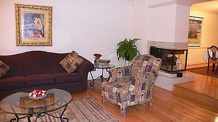 Spacious Living Room and Three-Sided Glass Fireplace