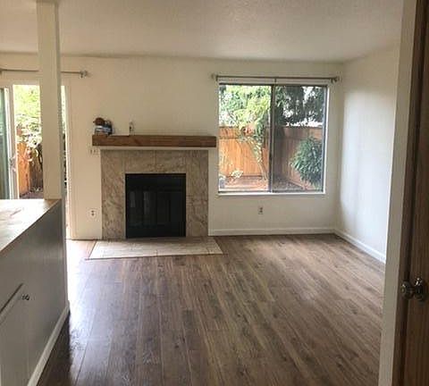 Open living room with fireplace