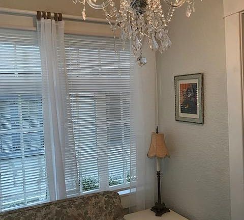 Small hide-a-bed Loveseat, new blinds and white sheer draperies