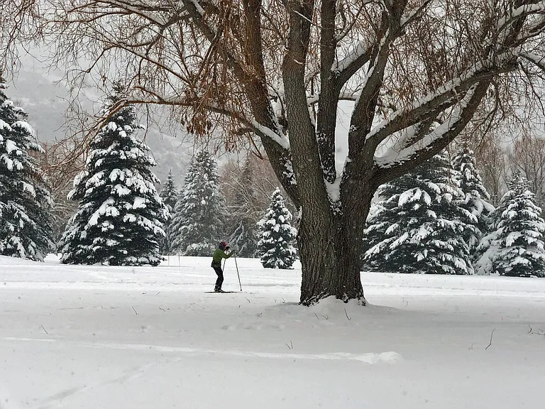 This shows a skier on the 10km White Pines Cross Country ski course from the patio and back of the unit. Passes for this course can be obtained at the Pro Shop in Hotel Park City.