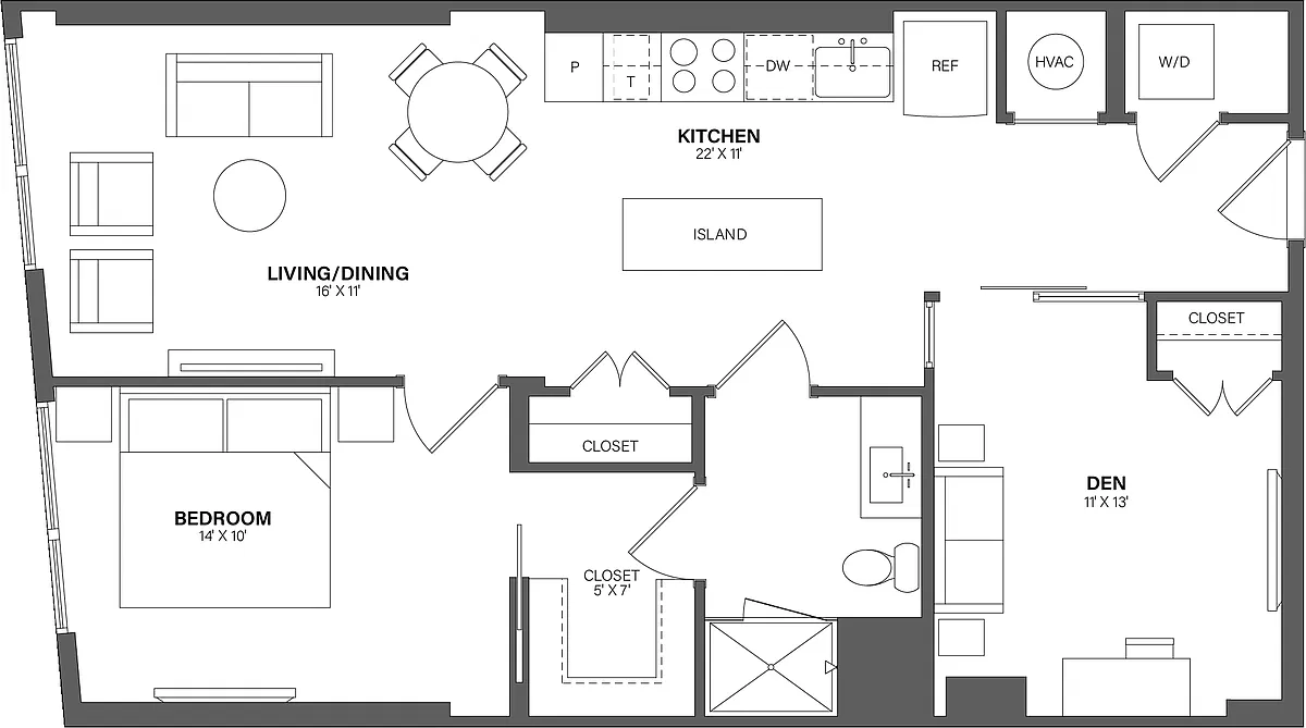 Floor plan 1 Bed/1 Bath Den-AD2