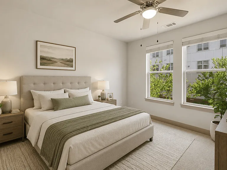 A bedroom with a large bed, a ceiling fan, and a window with a view of a building and trees outside.