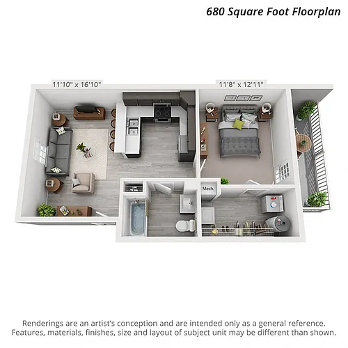 Floor plan 1 Bedroom Second Level - 680sf