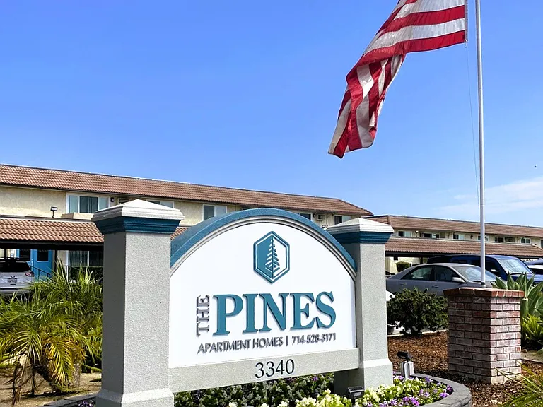 a flag flies above the pines apartments sign in front of a building