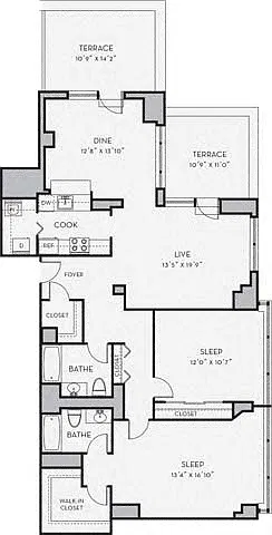Floor plan 2 Bedroom Den 2 Bath- B16