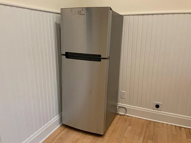 Brand new stainless steel refrigerator.